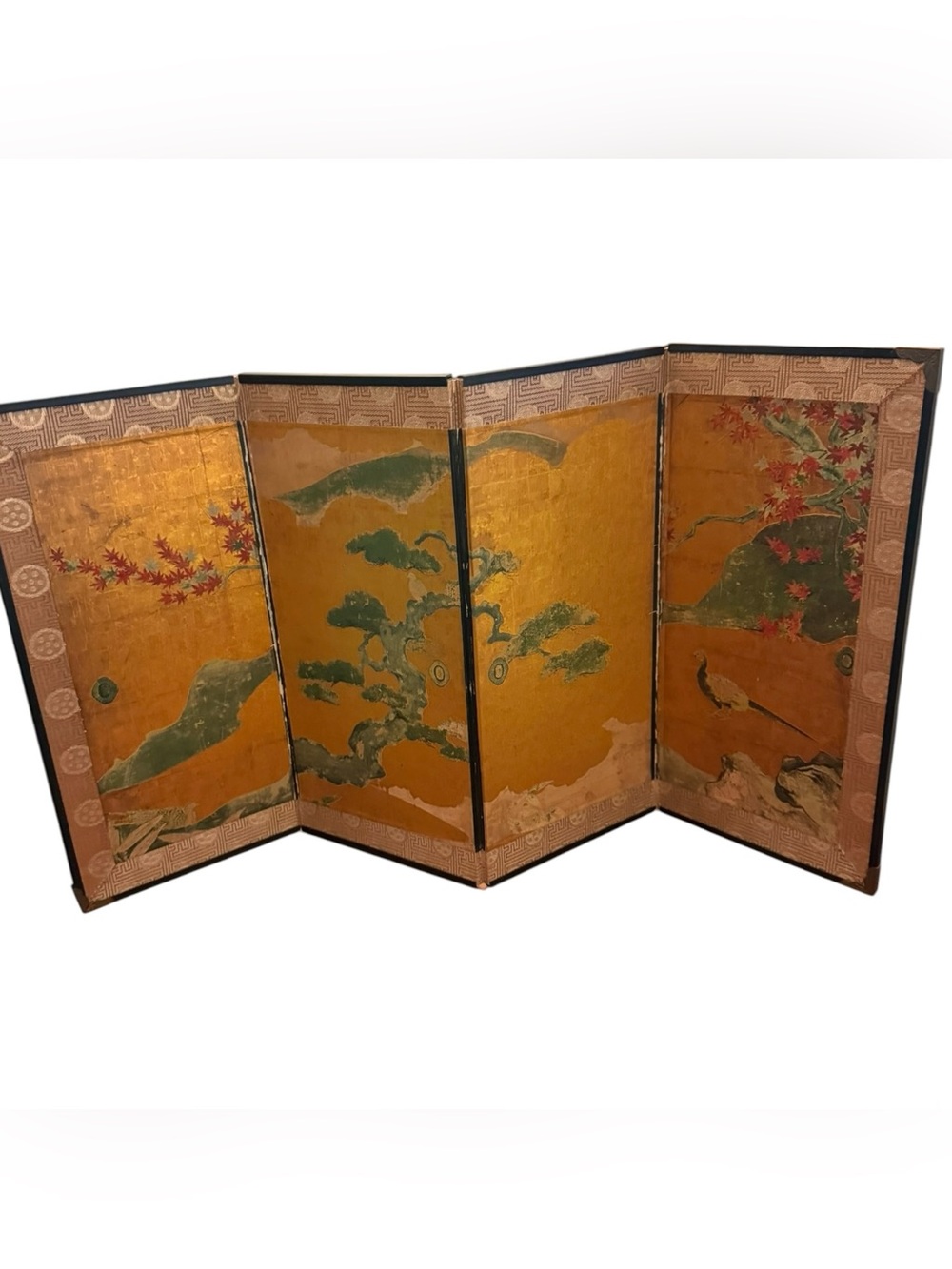 Vintage Japanese Miniature Folding Screen Byōbu Gold Bird Scene WWII Souvenir